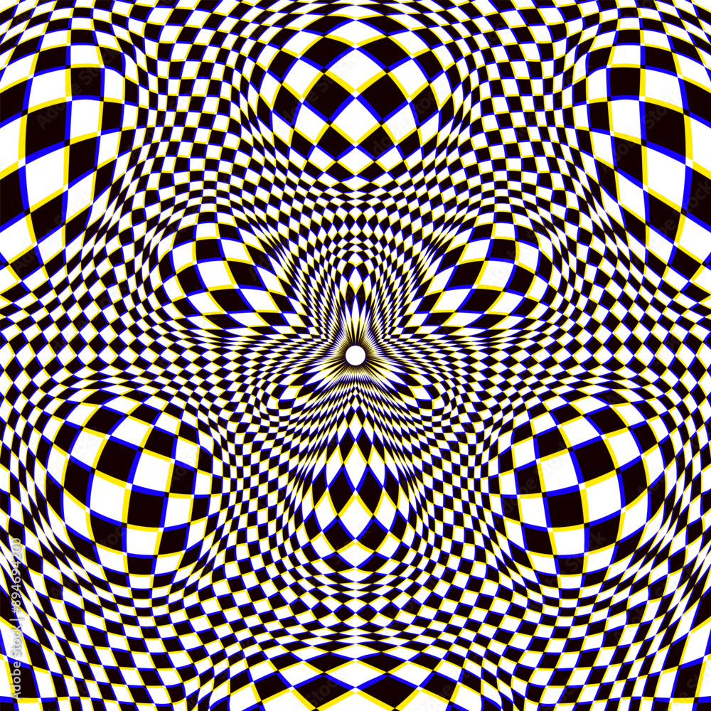 Poster eye-catching distorted checkered pattern. psychedelic background design.