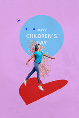 Vertical photo collage of pretty astonished girl walk heart icon happy children day holiday flowers...