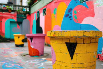 Fototapeta premium Vivid urban street art mural with colorful painted walls and vibrant outdoor decorations creating an energetic, artistic ambiance in a city alley.