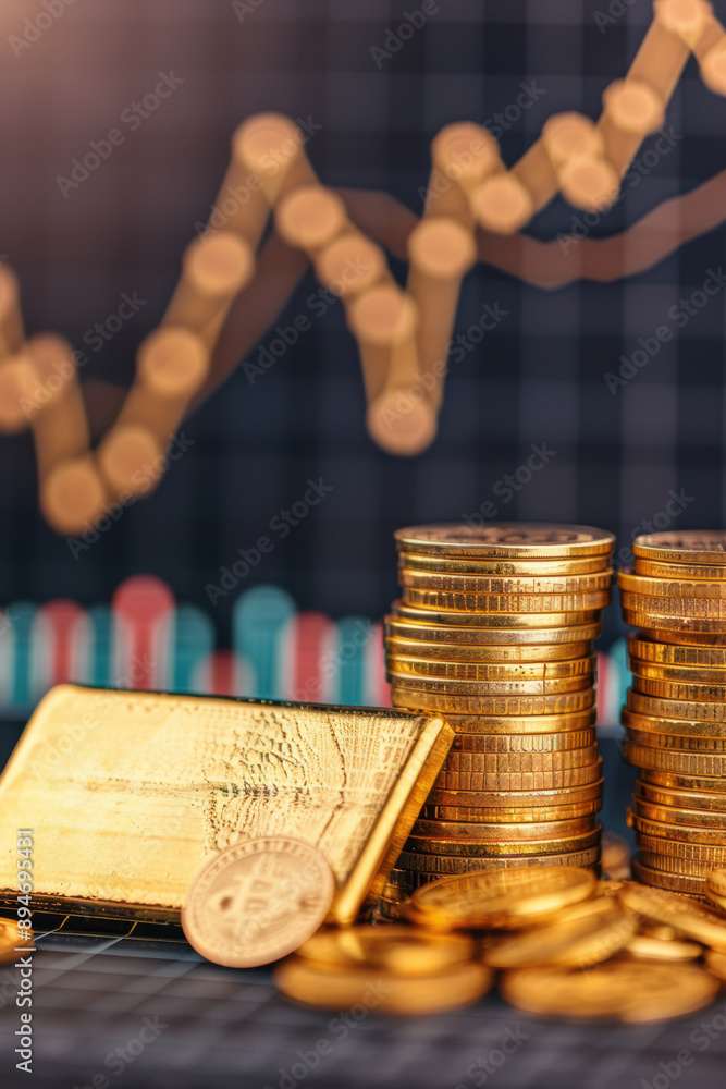 Poster a stack of gold coins and a gold bar with a fluctuating stock market graph in the background. ideal 