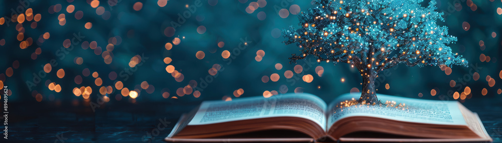 Poster an enchanting open book with a glowing tree emerging from its pages, set against a sparkling bokeh b