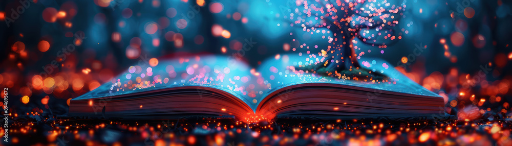Poster an open book with a small magical tree growing out of it, surrounded by glowing particles, creating 