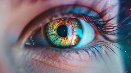 Close-up of a mesmerizing multicolored human eye with intricate details, reflecting vibrant colors and rich textures. Perfect for vision or beauty concepts.