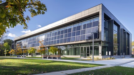 Obraz premium Exterior of an engineering research center with solar panels
