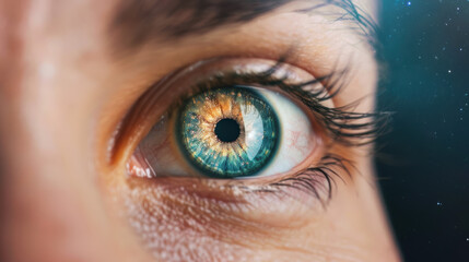 Fototapeta premium Close-up of a human eye with vibrant colors and intricate details, showcasing the beauty and complexity of the human eye. Perfect for medical and artistic use.