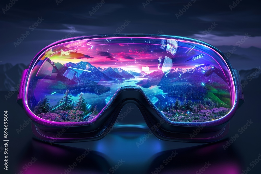Poster a virtual reality headset with elements from the metaverse. a 3d rendering of a human face facing au