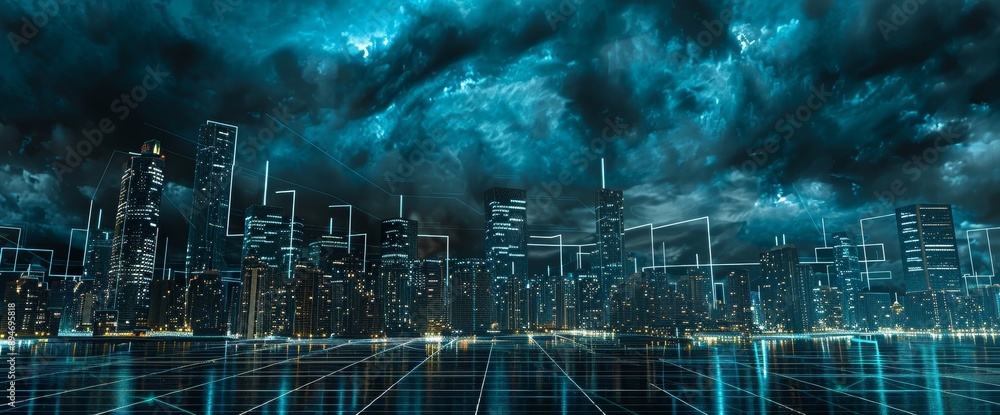 Aufkleber hyper-realistic rendering of neon holograms with line grid flooring. for technology, metaverse, cryp
