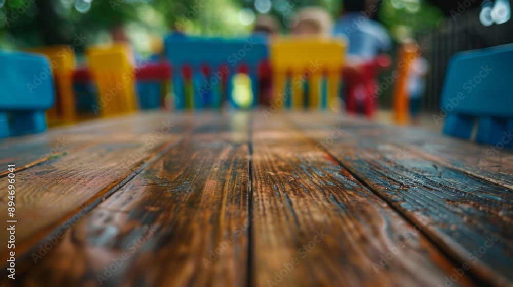 Poster a close-up view of a weathered wooden table with blurred colorful chairs in the background.