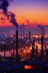 Obraz premium A sprawling industrial district as twilight sets in, with the sky painted in deep oranges and purples. Factory chimneys and complex machinery are silhouetted against the sky