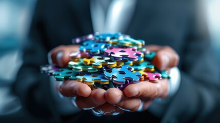 Business professional holding a collection of colorful puzzle pieces, symbolizing teamwork, strategy, and problem-solving.