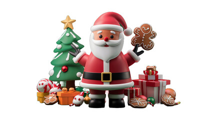 symbol of the festive, santa, xmas tree, gingerbread cookies, gifts, illustration, photo, 3d render, transparent png