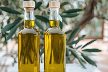Two glass bottles filled with olive oil, set against a blurred background of olive tree branches. The image evokes purity and natural quality.