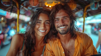 Obraz premium A Young, Cheerful Couple, Enjoying A Tuk-Tuk Ride Through The Bustling City