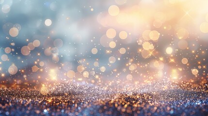 Glittering golden sparkles on a blue background with a soft focus. Abstract light and bokeh...