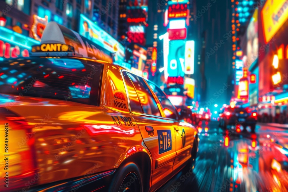 Wall mural Midnight Taxi Ride. A taxi moving through a neon-lit city street at midnight. The vibrant colors of the neon signs and streetlights reflect off the taxi's windows