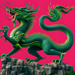Fototapeta premium Majestic Green Dragon on Pink