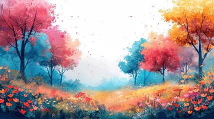 Vibrant autumn landscape with colorful trees and falling leaves, capturing the beauty of nature in a serene forest setting with a soft, dreamy atmosphere.