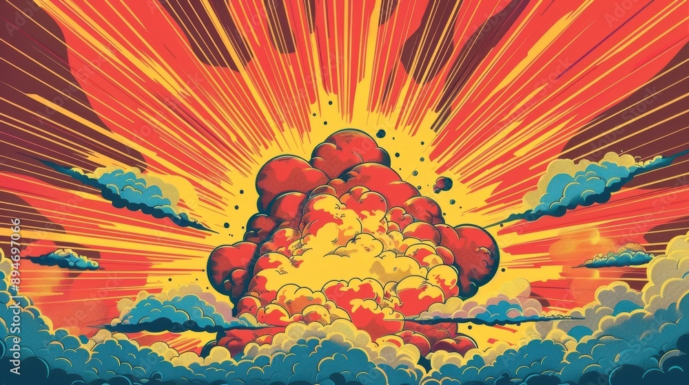 Aufkleber vibrant comic-style explosion with colorful clouds and rays, depicting energetic and dynamic action 