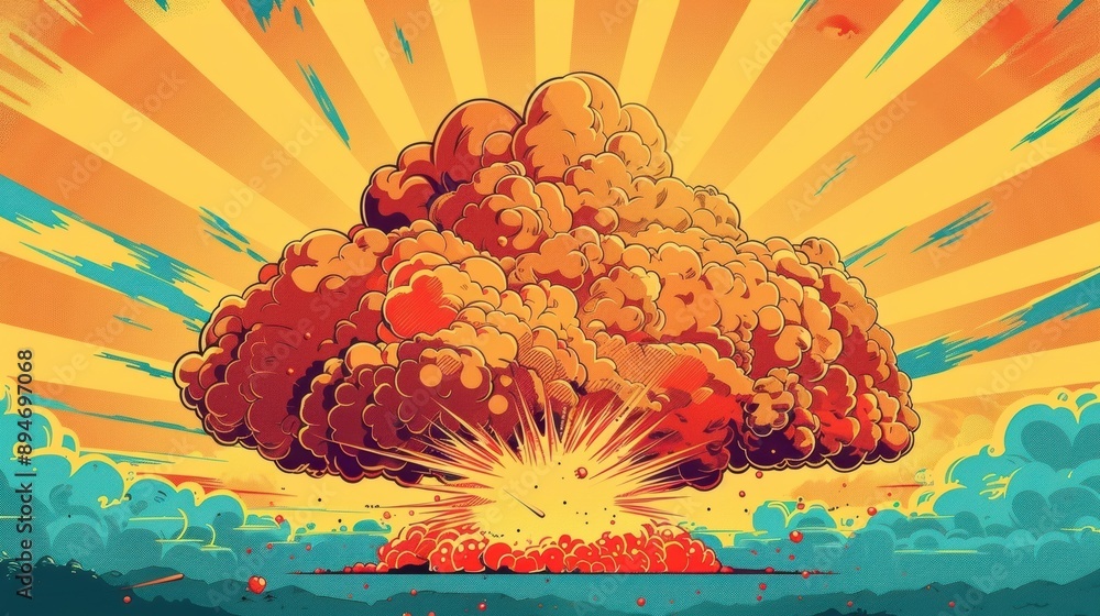 Aufkleber vibrant explosion of colorful clouds and rays in pop art style, capturing a dynamic burst of energy 