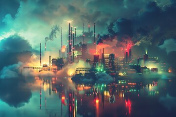 Fototapeta premium Virtual city as a cloud of data. Futuristic technology illustrated with neon 3D objects and multicolored landscapes.