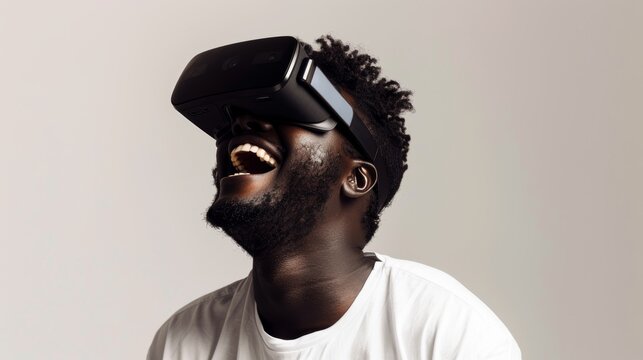 The head of a 40-something African American man is isolated against a transparent background in a VR virtual reality headset with generative AI