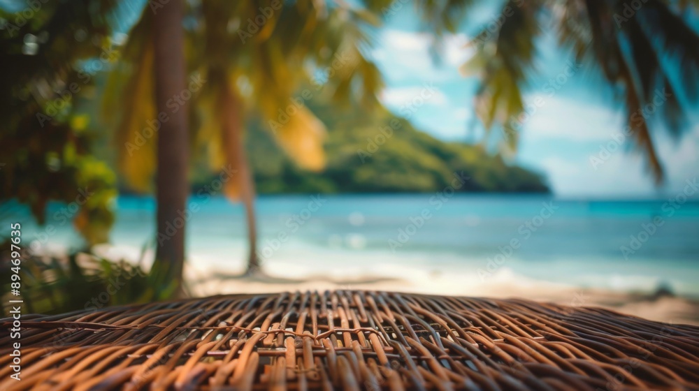 Poster a wicker tabletop with a blurred background of a tropical beach and palm trees.