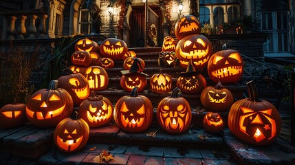 Haunted House with Intricately Carved Pumpkins Displaying Unique Halloween Designs from Witches to Ghosts Creating Spooky Eerie Festive Decorations for Celebrating Halloween Night