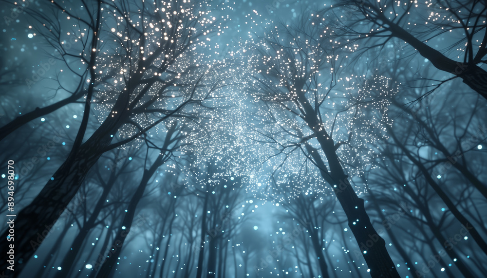 Poster a captivating view of a forest canopy illuminated by ethereal light particles, creating a magical an
