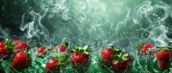 Creative splash of green water with plenty of copy space, complemented by strawberries and smoke for an engaging template
