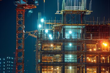 Skyscraper Construction Site. A skyscraper under construction, with towering cranes and scaffolding lit by powerful work lights. The city's lights twinkle in the background.