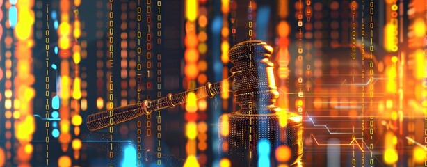 An electronic gavel and electronic documents symbolize the proceedings of a bankruptcy court. The composition provides significant copy space, emphasizing the digital transition in legal practice.