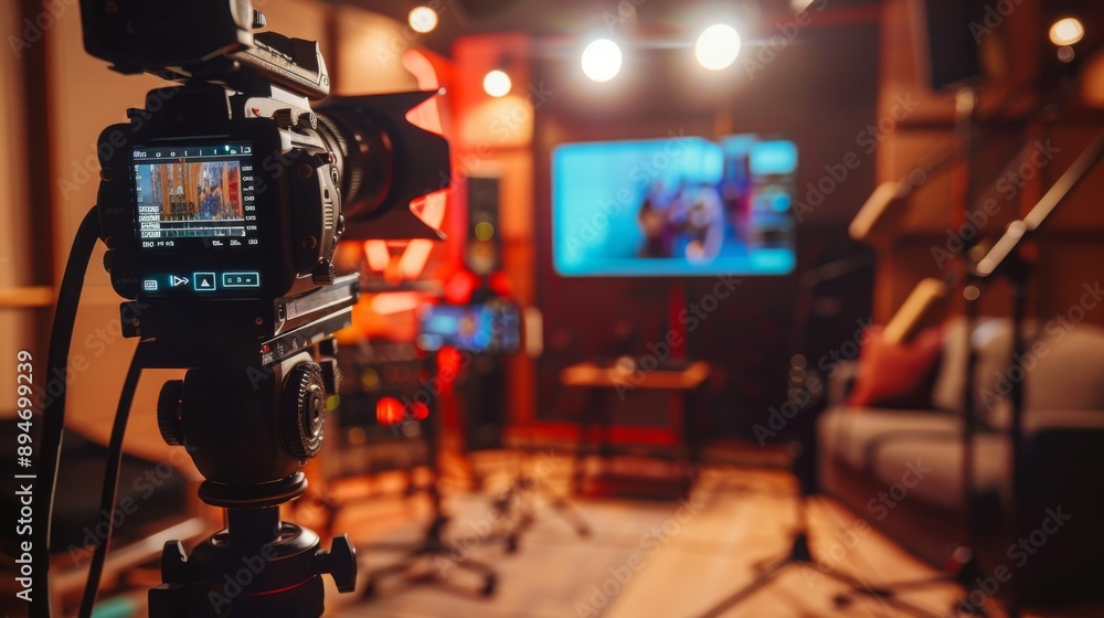 Poster a professional camera on a tripod is pointed at a monitor, capturing video footage in a dimly lit st