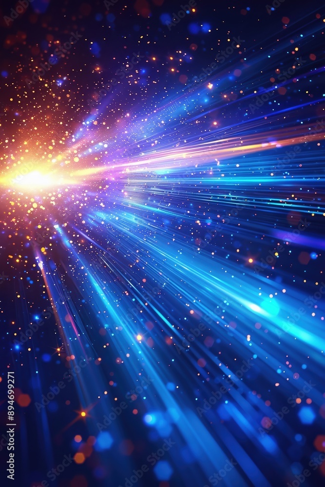 Poster a mesmerizing display of vibrant light beams and particles creating a dynamic, abstract space-like s