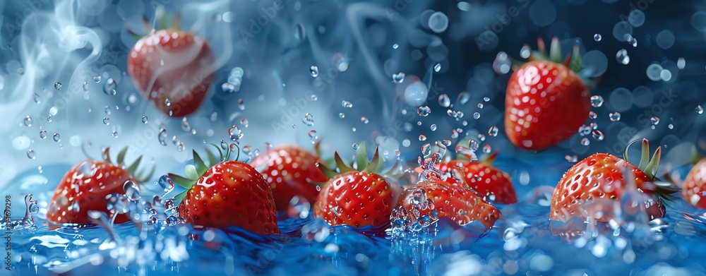 Wall mural Playful splash of blue water with ample copy space, accented by floating strawberries and smoke for an engaging template