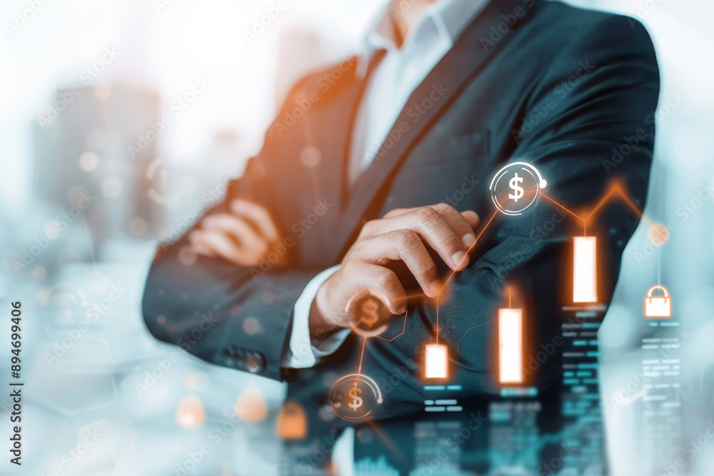 Poster businessman analyzing growth data and financial trends with virtual graphs and charts in a modern of