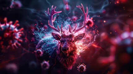 Elk standing amidst a vivid virus visualization, symbolic interaction of wildlife and microbiology