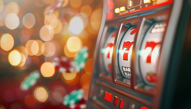 Close-up of a classic slot machine with colorful symbols and vibrant lights, representing excitement and thrill in a casino setting.