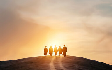 Silhouettes of four figures standing together on a hill at sunset, capturing a moment of unity and reflection in nature's beauty.