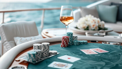 Luxurious poker setup on a yacht. Stunning view, elegant decor, and a glass of wine beside colorful poker chips and cards.