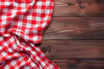 Red and white checkered tablecloth on a rustic wooden table, perfect for picnic or dining settings, emphasizing a cozy and inviting atmosphere.