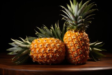 Superior view of pineapple on the right side and wooden bottom with copy space, generative IA