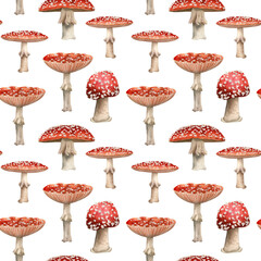 Fly agaric background. Seamless watercolor pattern with red and white amanita mushrooms for fabric, textile and wallpapers