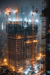 Naklejka premium Skyscraper Construction Site. A skyscraper under construction, with towering cranes and scaffolding lit by powerful work lights. The city's lights twinkle in the background.