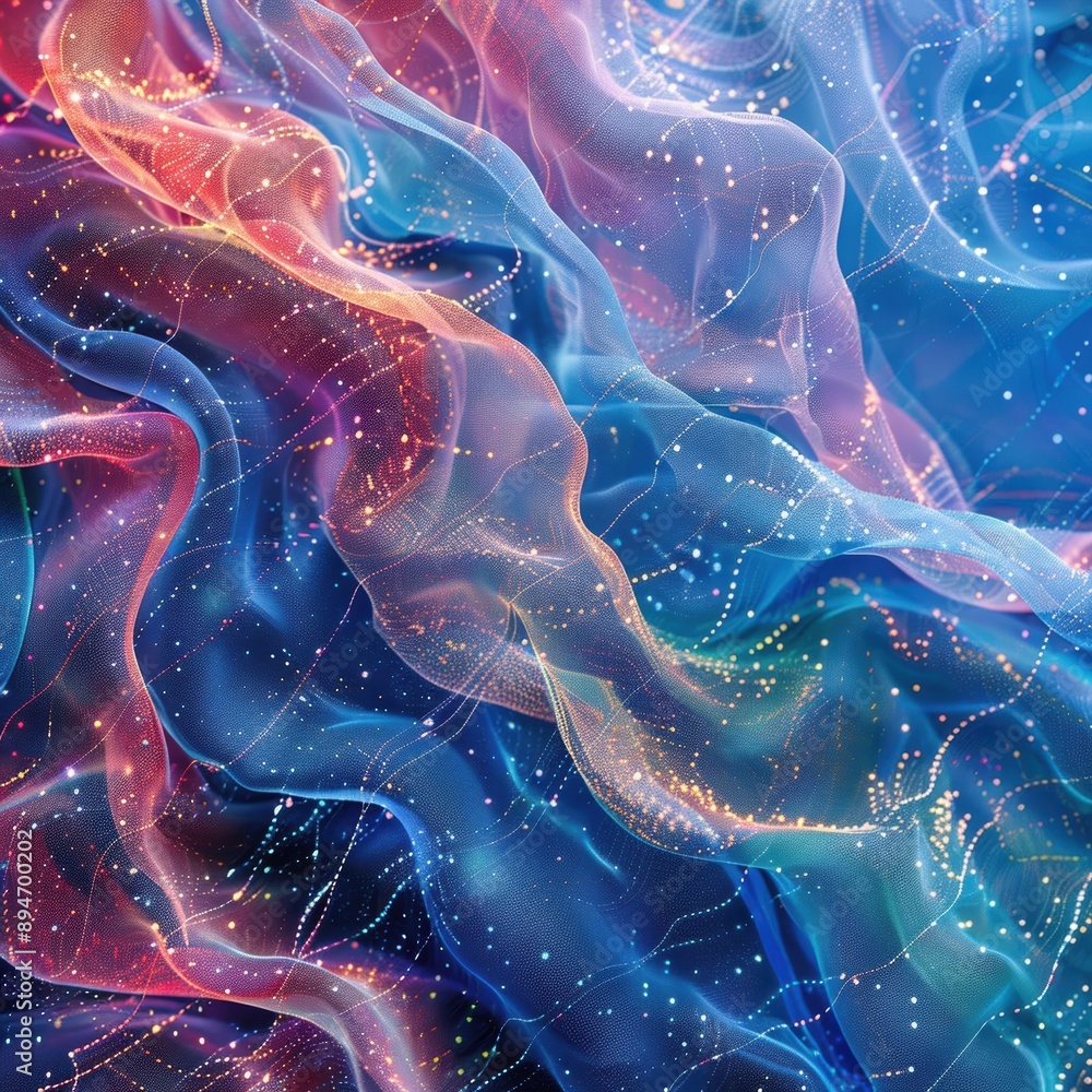 Poster vibrant abstract digital waves with undulating colors and intricate dotted patterns creating a dynam