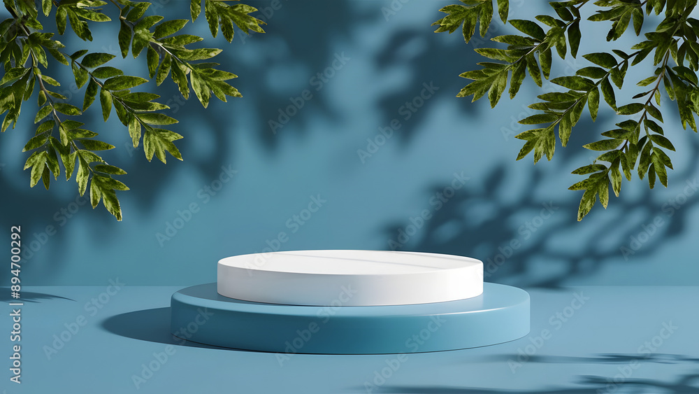 Poster white round podium for product presentation on a blue background with shadows of tree branches.