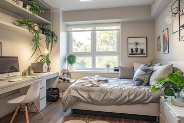 Minimalist Grey Bed Bedroom with White Desk and Chair by Window, Floor Plants, and Copy Space - Modern Home Interior Design for Young Individuals