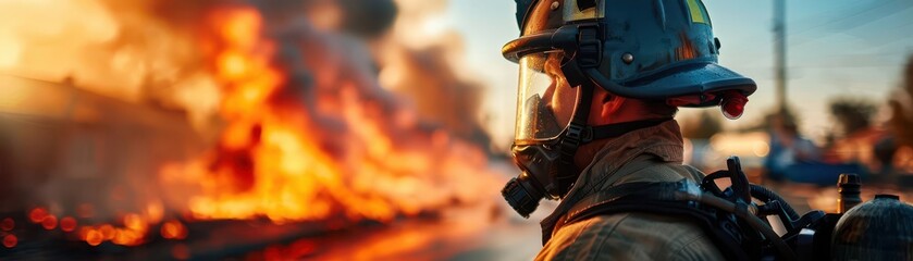 Obraz premium Firefighter battling intense flames in a residential area, smoke billowing against a clear sky, showcasing heroism and urgency