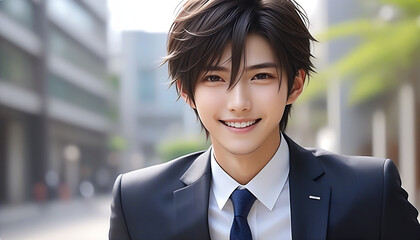 A smiling young handsome man in a business suit. Image of a new member of society. ビジネススーツを着た笑顔の若いイケメンな男性。新社会人のイメージ。