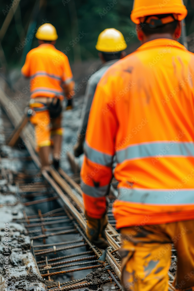 Poster construction workers in bright orange uniforms and helmets work on a railway track, ensuring safety 