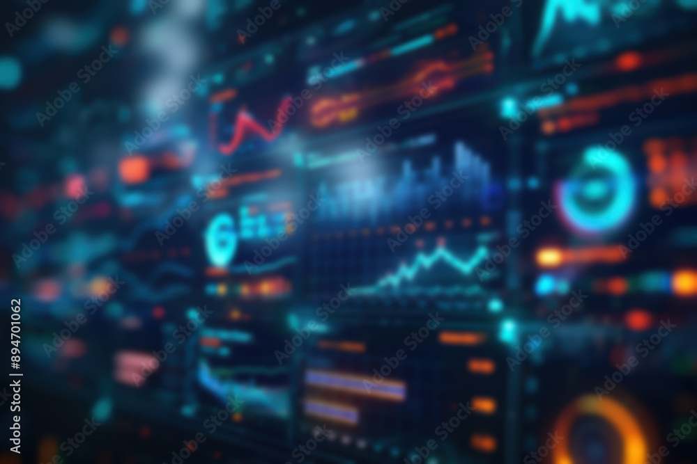Poster vibrant digital interface with data analytics, financial statistics, and futuristic technology, show